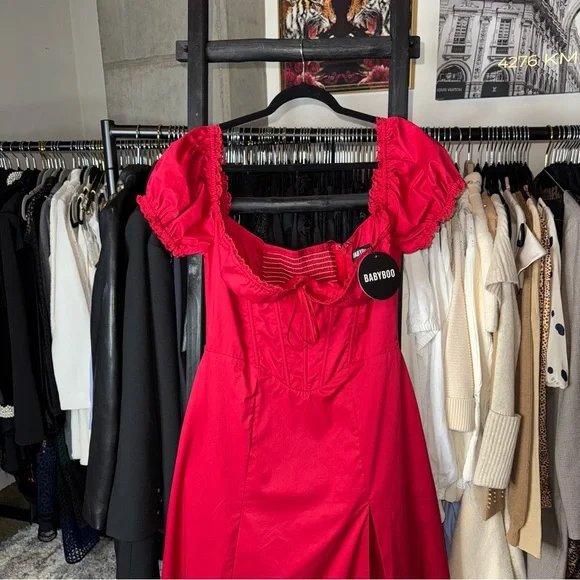 Babyboo Courtney Red Off-Shoulder Corset Midi Dress with Slit - Picture 5 of 13